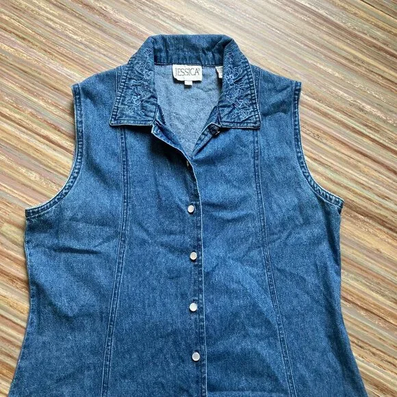 Jessica Sleeveless Denim Chambray Maxi Dress Button Front Embroidered Collar - Picture 4 of 10